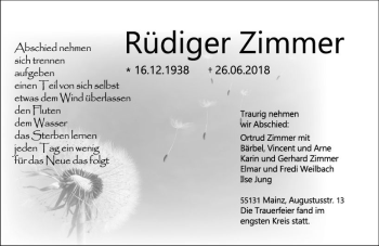 Traueranzeige von Rüdiger Zimmer von Trauerportal Rhein Main Presse