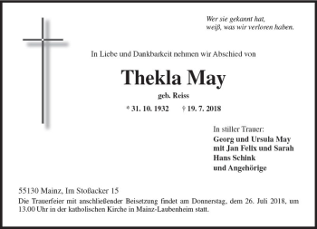 Traueranzeige von Thekla May von vrm-trauer