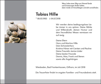 Traueranzeige von Tobias Hille von vrm-trauer