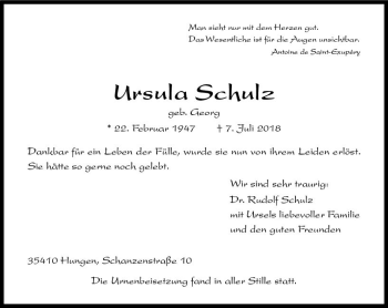 Traueranzeige von Ursula Schulz von  Gießener Anzeiger