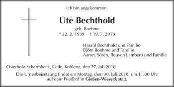 Traueranzeige von Ute Bechthold von  Gießener Anzeiger
