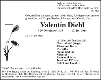 Traueranzeige von Valentin Diehl von vrm-trauer