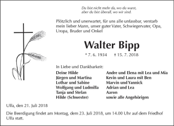 Traueranzeige von Walter Bipp von  Kreisanzeiger