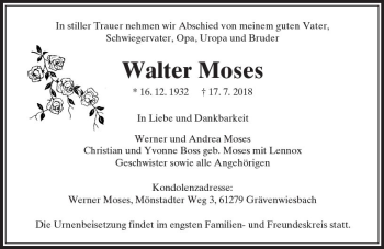 Traueranzeige von Walter Moses von  Usinger Anzeiger