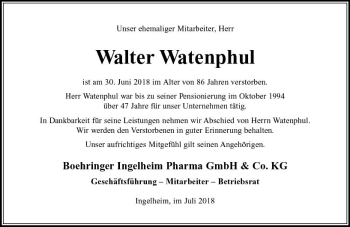Traueranzeige von Walter Watenphul von vrm-trauer