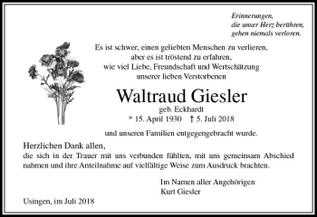 Traueranzeige von Waltraud Giesler von  Usinger Anzeiger