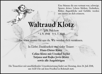Traueranzeige von Waltraud Klotz von vrm-trauer