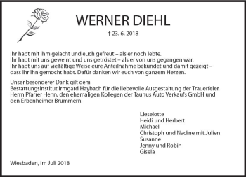 Traueranzeige von Werner Diehl von vrm-trauer
