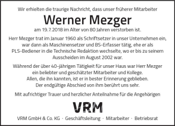 Traueranzeige von Werner Mezger von vrm-trauer