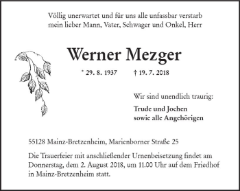 Traueranzeige von Werner Mezger von vrm-trauer