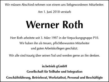 Traueranzeige von Werner Roth von vrm-trauer