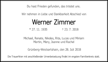 Traueranzeige von Werner Zimmer von  Gießener Anzeiger