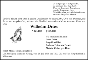 Traueranzeige von Wilhelm Dries von vrm-trauer