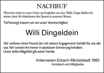 Traueranzeige von Willi Dingeldein von vrm-trauer