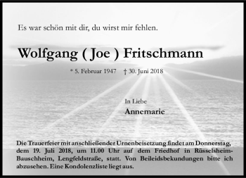 Traueranzeige von Wolfgang  Fritschmann von vrm-trauer