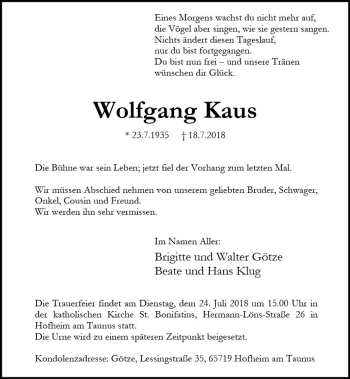 Traueranzeige von Wolfgang Kaus von vrm-trauer
