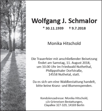 Traueranzeige von Wolfgang J. Schmalor von vrm-trauer