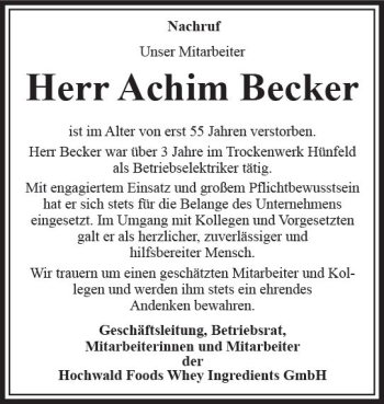 Traueranzeige von Achim Becker von VRM Trauer