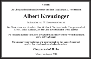 Traueranzeige von Albert Kreuzinger von VRM Trauer