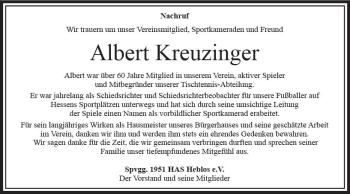 Traueranzeige von Albert Kreuzinger von VRM Trauer