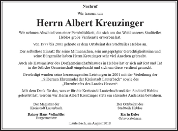 Traueranzeige von Albert Kreuzinger von VRM Trauer