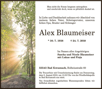 Traueranzeige von Alex Blaumeiser von vrm-trauer