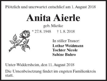 Traueranzeige von Anita Aierle von  Kreisanzeiger