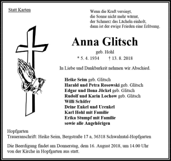 Traueranzeige von Anna Glitsch von VRM Trauer