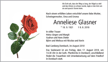 Traueranzeige von Anneliese Glasner von  Camberger Anzeiger