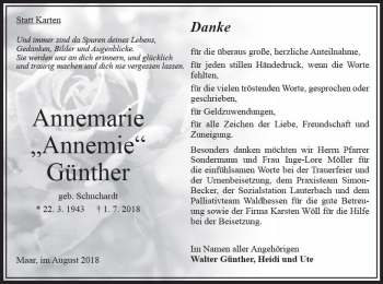 Traueranzeige von Annemarie Günther von VRM Trauer