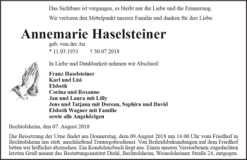 Traueranzeige von Annemarie Haselsteiner von vrm-trauer