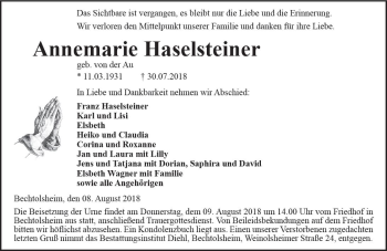 Traueranzeige von Annemarie Haselsteiner von vrm-trauer