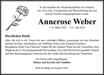 Traueranzeige von Annerose Weber von  Usinger Anzeiger