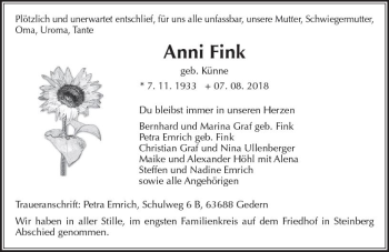 Traueranzeige von Anni Fink von  Kreisanzeiger