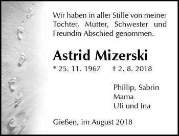 Traueranzeige von Astrid Mizerski von  Gießener Anzeiger