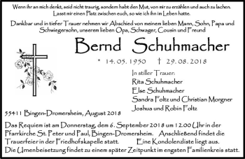 Traueranzeige von Bernd Schuhmacher von vrm-trauer
