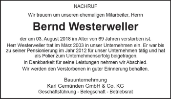 Traueranzeige von Bernd Westerweller von vrm-trauer