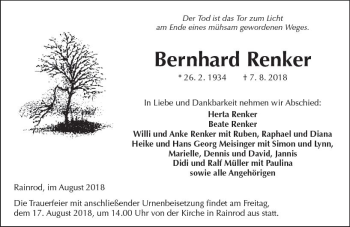 Traueranzeige von Bernhard Renker von  Kreisanzeiger