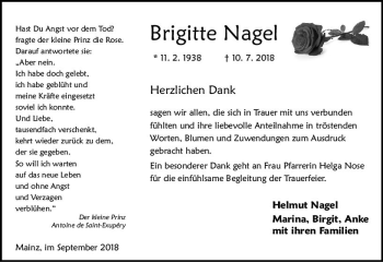 Traueranzeige von Brigitte Nagel von vrm-trauer