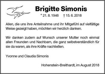 Traueranzeige von Brigitte Simonis von vrm-trauer