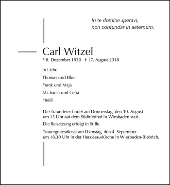 Traueranzeige von Carl Witzel von vrm-trauer