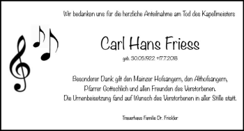 Traueranzeige von Carl Hans Friess von vrm-trauer