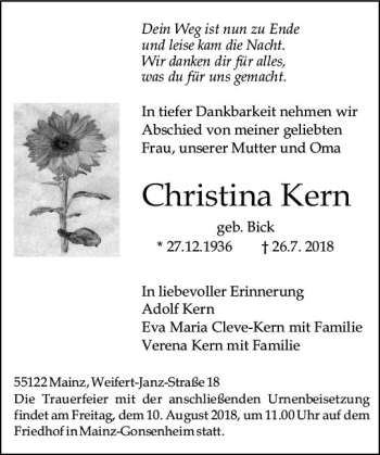 Traueranzeige von Christina Kern von vrm-trauer