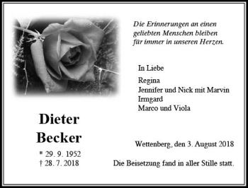 Traueranzeige von Dieter Becker von  Gießener Anzeiger