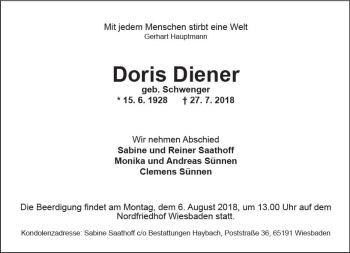 Traueranzeige von Doris Diener von vrm-trauer