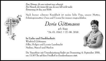 Traueranzeige von Doris Göttmann von vrm-trauer