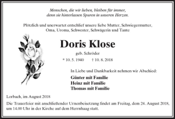 Traueranzeige von Doris Klose von  Kreisanzeiger