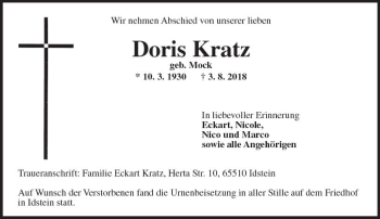 Traueranzeige von Doris Kratz von vrm-trauer