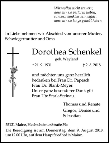 Traueranzeige von Dorothea Schenkel von vrm-trauer