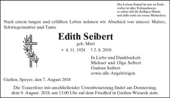 Traueranzeige von Edith Seibert von  Gießener Anzeiger